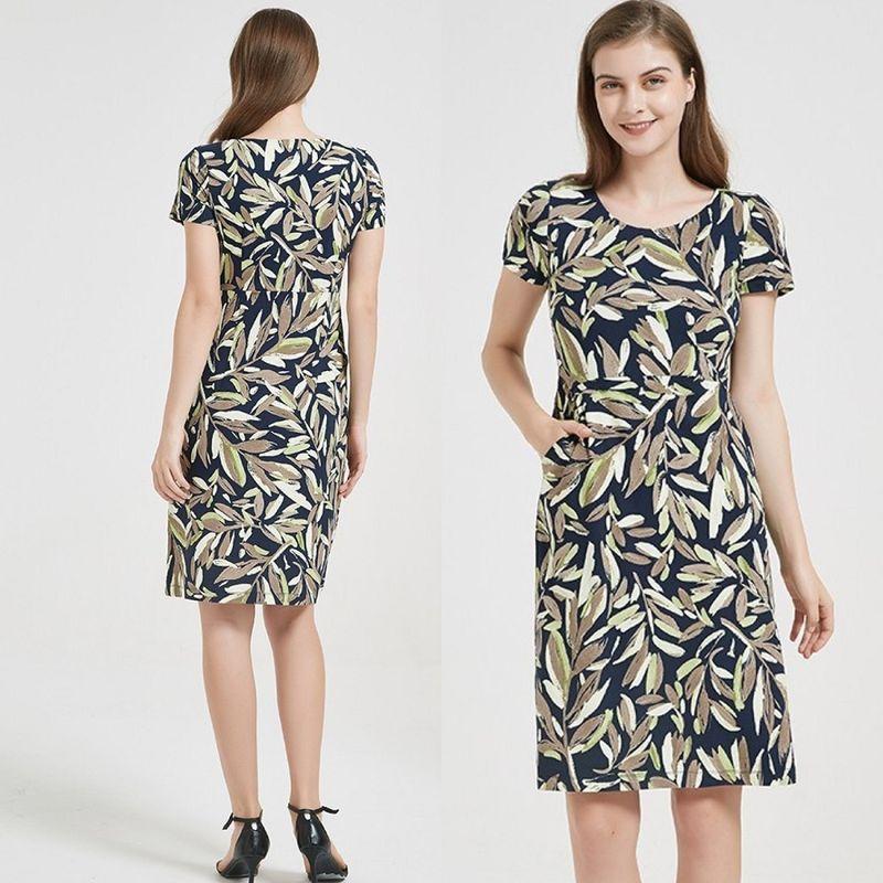 

Women s Wood Tencel European and American Leisure Short Sleeve Dress Dark blue background green leaf flower 1XL