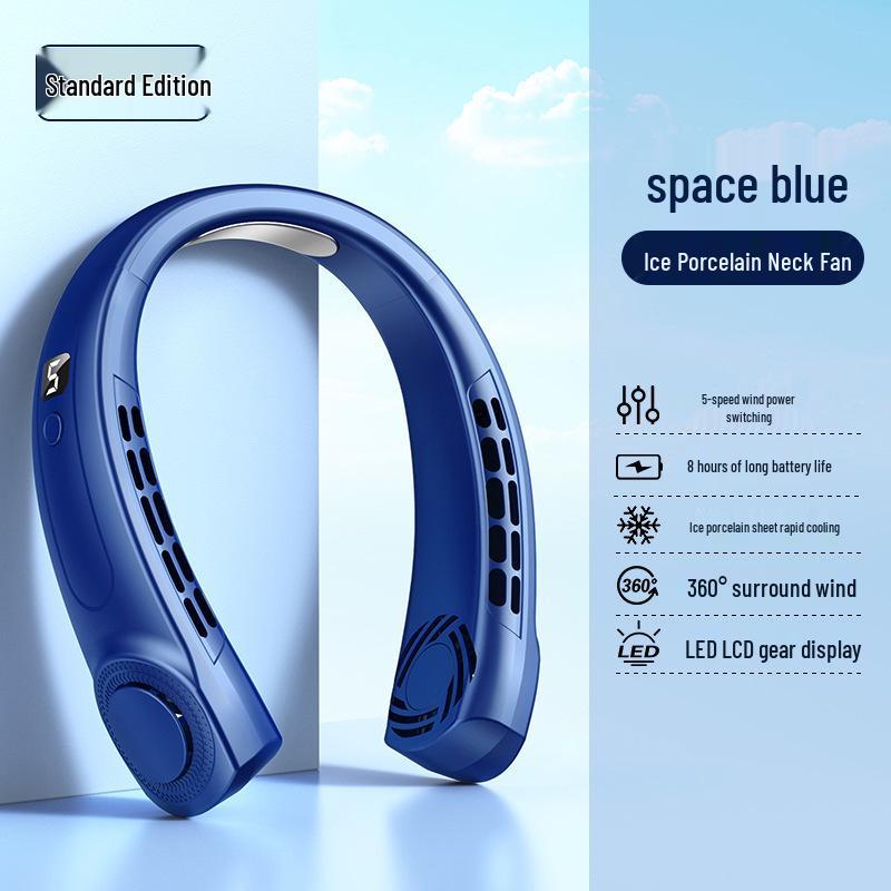 Rechargeable Bladeless Halter Neck Mini Fan - Portable, Silent, Personal Cooling 0mAh синий