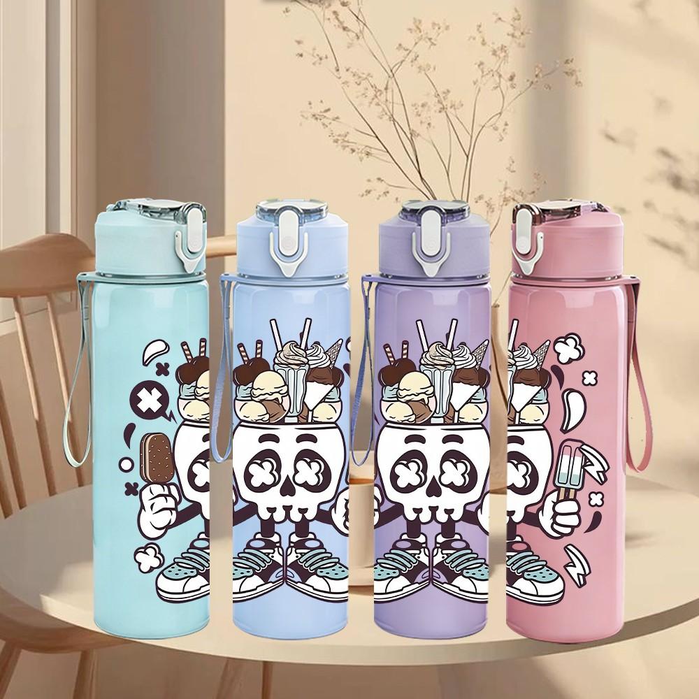 1PC Mask Face Graffiti Sketch Print 750ml Color Plastic Sports Water Bottle Leakproof Flip Straw Lid Suitable for Sports Office Home Use