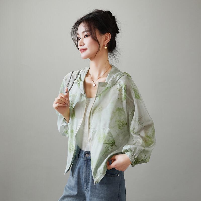 SOFSIL Women s Loose Plant Print Silk Hooded Jacket M