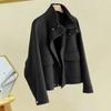 Yousheng Fall Winter Woolen Coat with Side Pockets Zp-up Press Button Turn-down Collar Solid Color Long Sleeve Thick Jacket Commuting Dating Outerwear