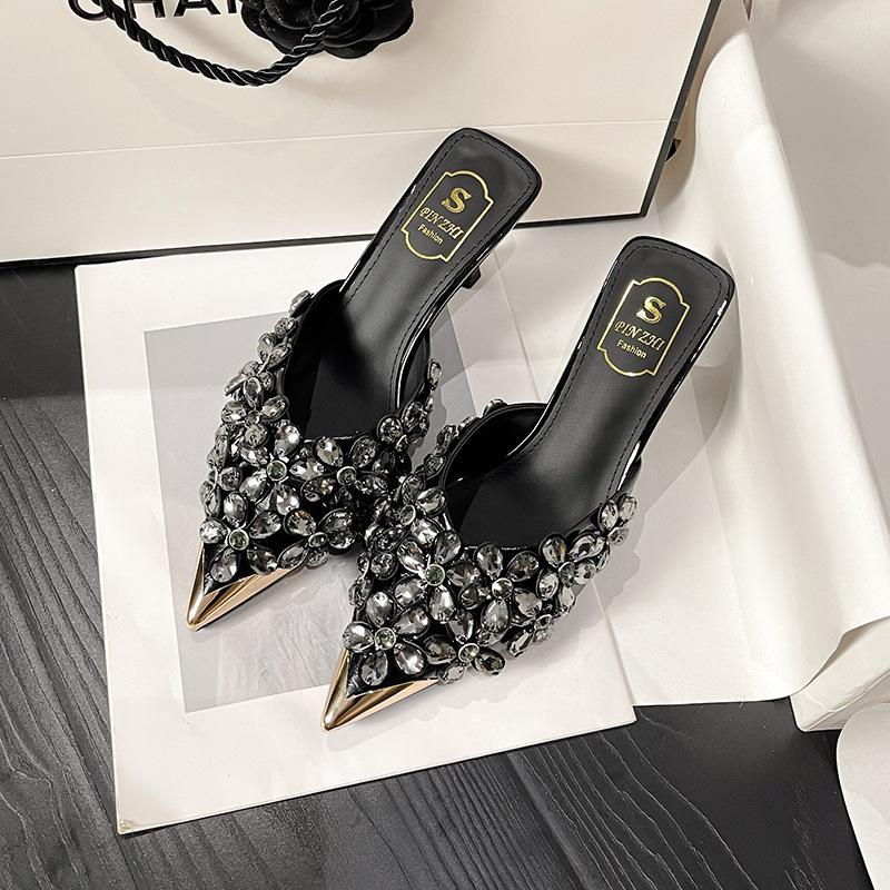 

6658-A1 Летние сандалии с острым носком, с закрытой пяткой, на высоком каблуке, модные, с бисером, большого размера, женская обувь 34 чёрный