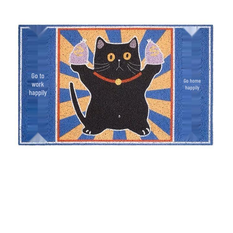 Cartoon Lucky Cat Dirt-Resistant Entrance Door Mat, Easy-Clean Silk Loop Foot Pad for Mud & Dust.