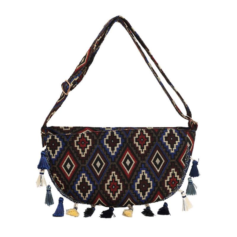 Vintage Ethnic Style Tassel Shoulder Bag With Water Dumpling Shape For Daily Use