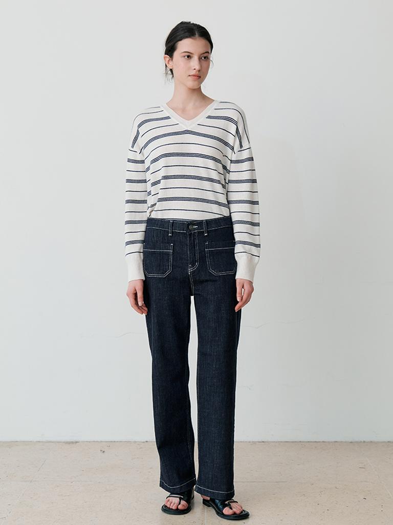 LE STUDIO Striped V-Neck Knit (Iv)