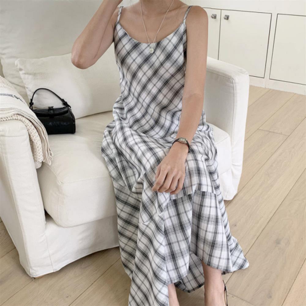 New Arrivals Open Run Check Asymmetrical Flare Long Dress Strap Soft Fit