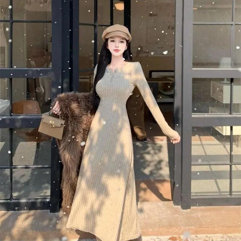 

Женское облегающее трикотажное платье средней длины с V-образным вырезом - однотонное, стильная осенняя юбка Extra Large абрикосовый