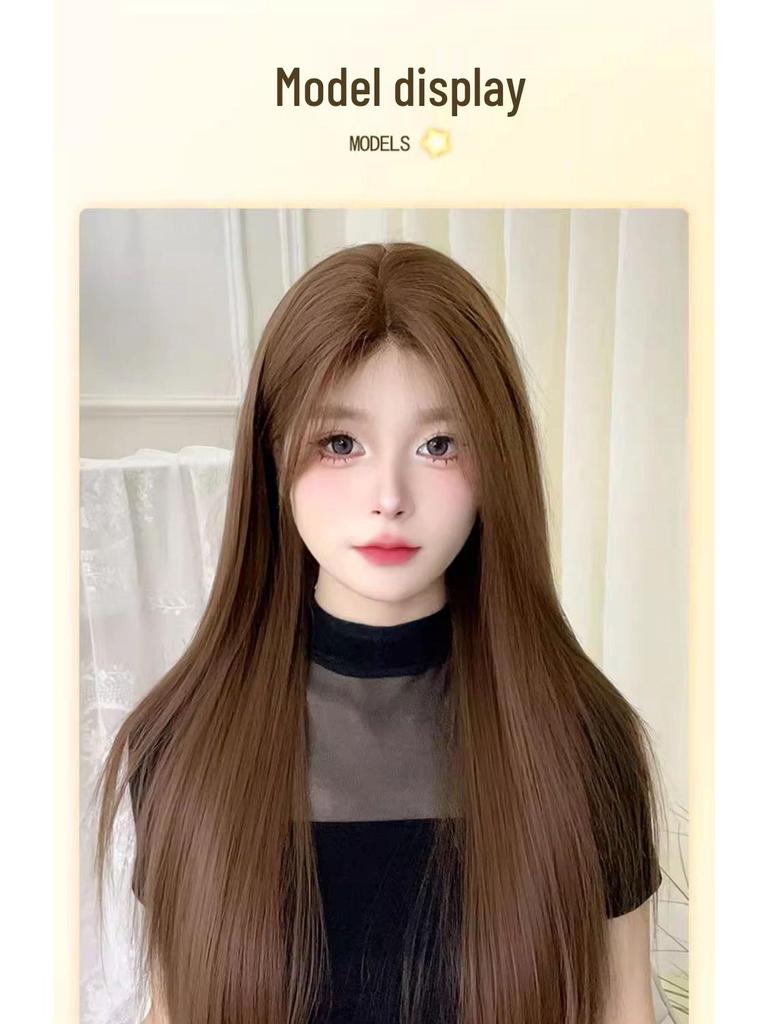 Wig for Women - Long Straight Linen Brown with Lace, Wen Qing Miki Style, Full Head Cover, Fluffy Natural Look
