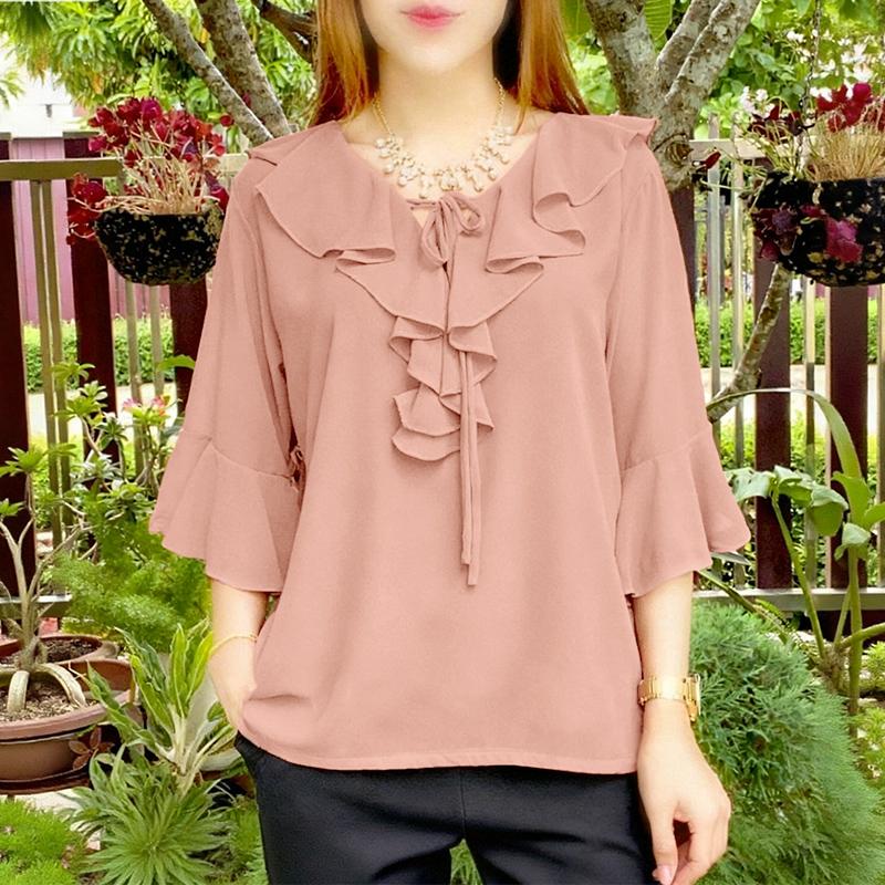 

ZANZEA Женская повседневная блузка с оборками, V-образным вырезом, свободным рукавом 3/4, однотонная 5XL розовый
