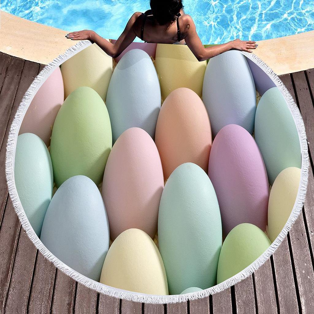 Cartoon Easter Egg Round Beach Towel with Tassels Roundie Yoga Meditation Mat Picnic Rug, Sand Proof Absorbent Circle Swim Towel