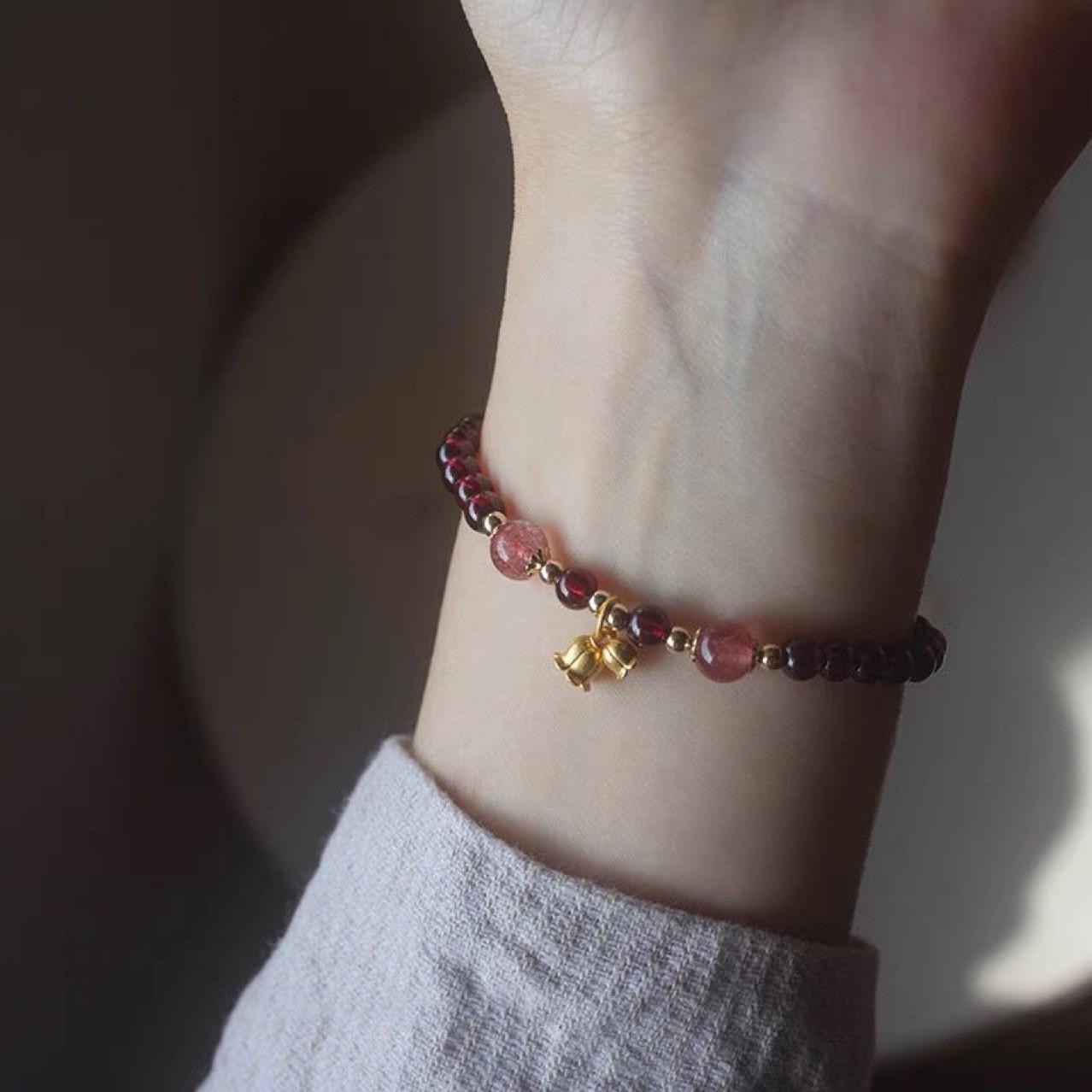 Women 6mm Garnet Bellflower Bracelet, Retro Design, Individual Package