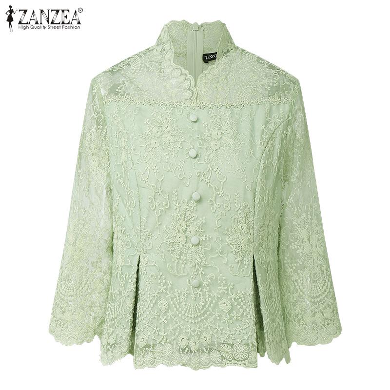 ZANZEA Bluză elegantă cu gât în V, mâneci 3/4, casual pentru femei, cu broderie și dantelă