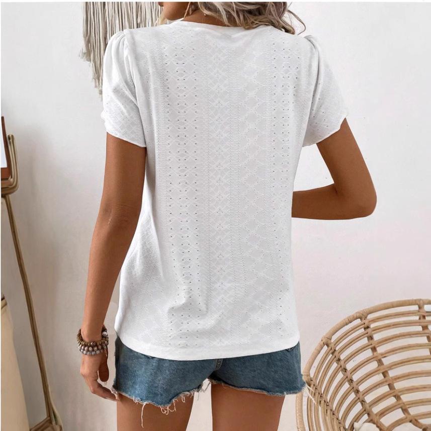 Ladies Summer O Neck Ruffles Short Sleeve Solid Color Pullover T Shirt Top