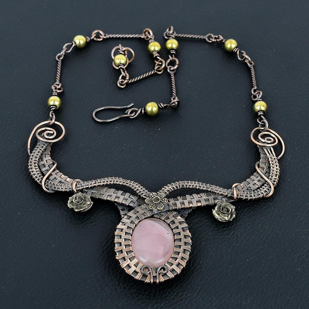 Collier Bijou Quartz Rose Fait Main Design Récent, Collier Pierre Précieuse Enveloppé de Fil de Cuivre 999, Cadeau pour Mère