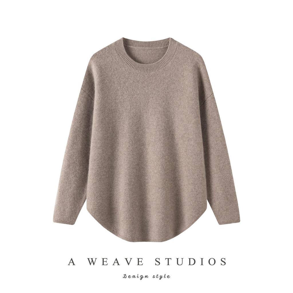 Cashmere Seven-Stitch Round Neck Loose Mid-Length Split Hem Knitted Sweater