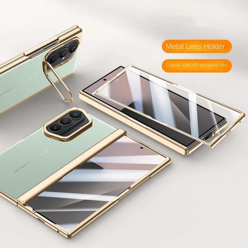 Husă simplă din piele electroplată cu balamale cu arc pentru Samsung Galaxy Z Fold 7, protecție completă din sticlă temperată pentru capacul din spate