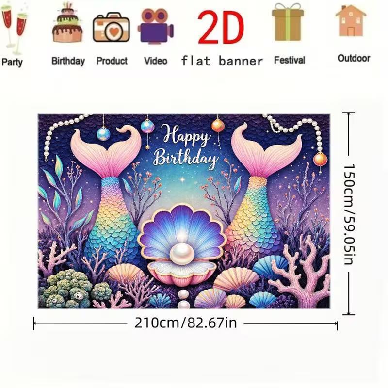 2D Underwater Ocean Mermaid Backdrop, Purple & Pink Birthday Decoration Background