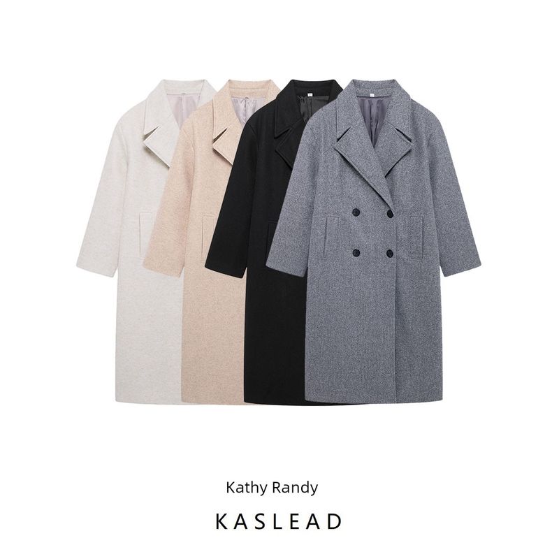 Kaslead New Arrival Women's Clothing Fashion Style Fashion Minimalist Elegant Decorated Row Button Lapel Long Woolen Coat