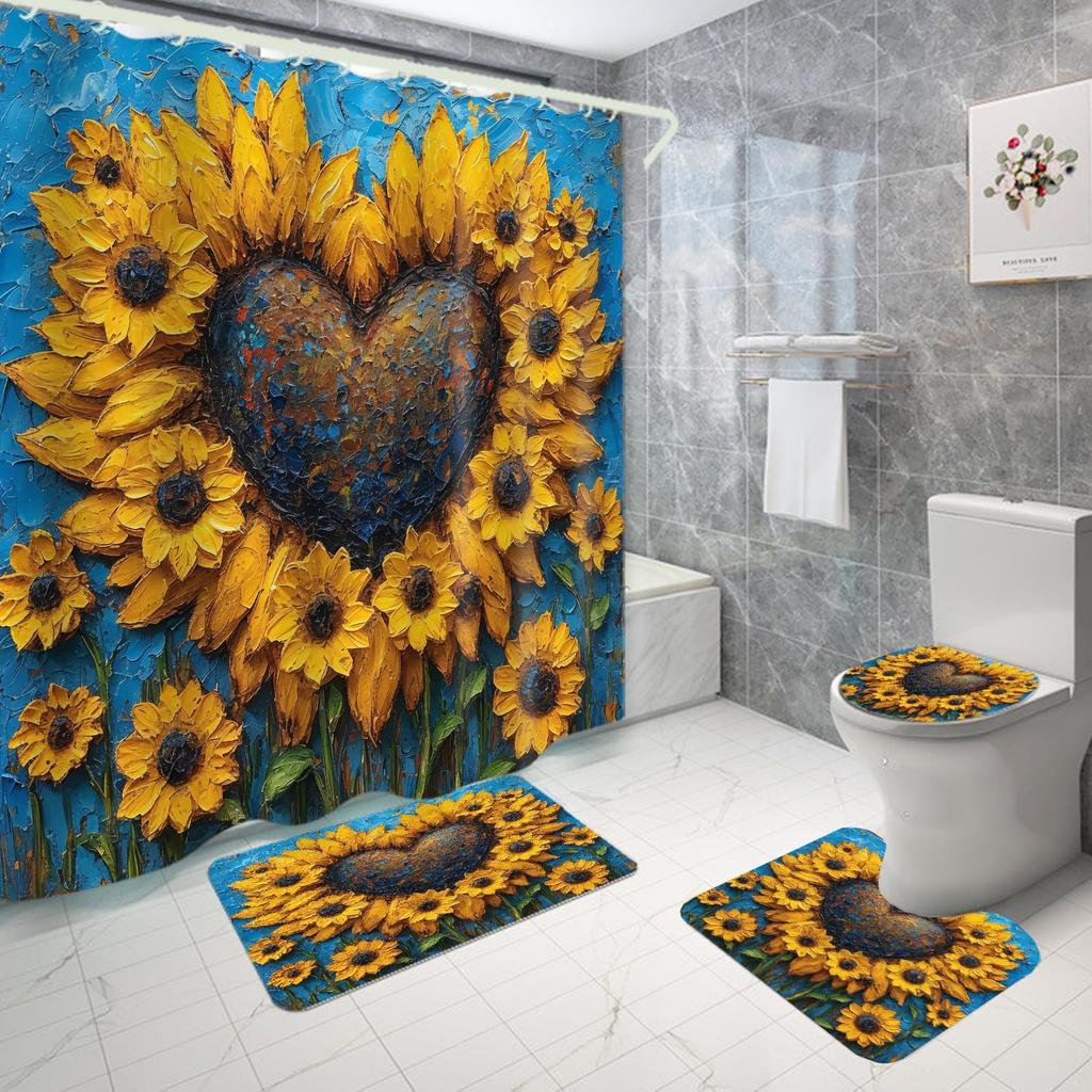 Shower Curtain And Bathroom Carpet Non-Slip Toilet Set, Home Bathtub Waterproof Shower Curtain 3D Printed Durable Polyester Fabr