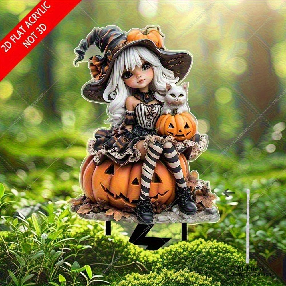 Płaska dekoracja akrylowa 2D czarownicy i kota na zewnątrz, do ogrodu, trawnika, roślin doniczkowych i sztuki krajobrazu, motyw Halloween, odpowiednia na 11 świąt