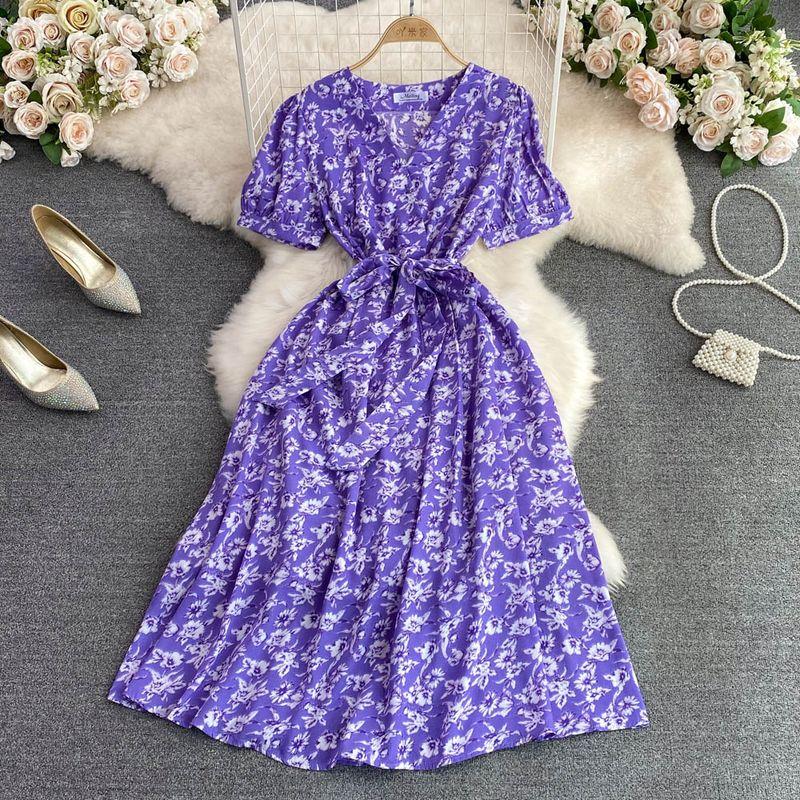 

Летняя юбка в стиле ретро с V-образным вырезом, А-силуэта, с большим подолом, с цветочным принтом Purple One size