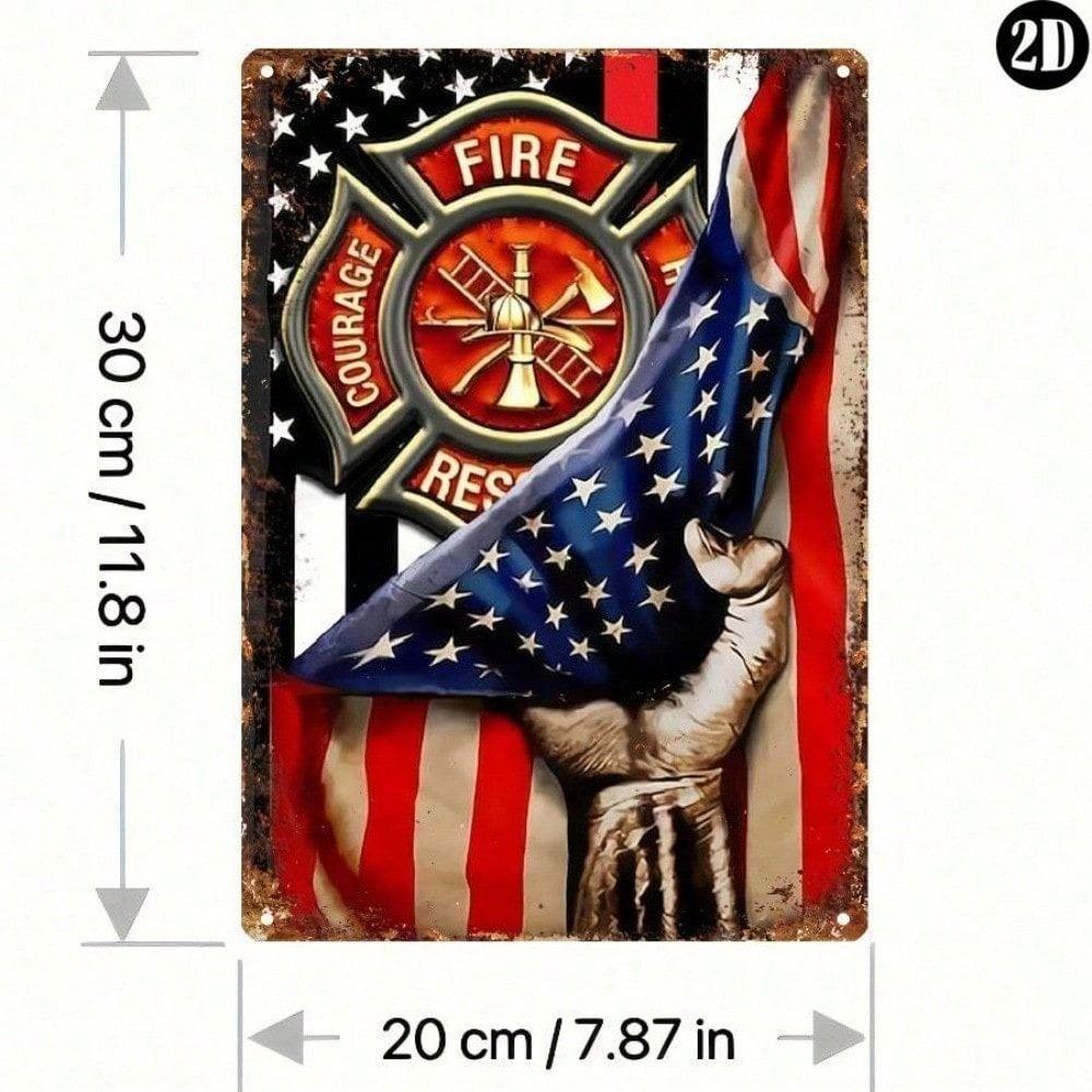 Vintage Metal Poster Firefighter Flag US Emblem Wall Art Decor 27x30cm