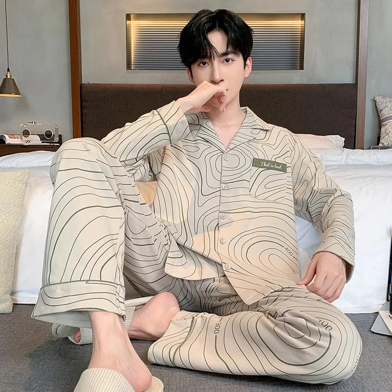Autumn Cardigan Man Pajamas Cotton Fashion Sleepwear for Men Leisure Casual Nightwear Pijamas Set pyjama homme Dropship