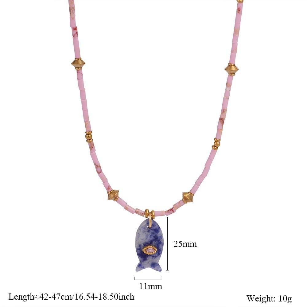 Cylinder Stone Bead Fish Pendant Necklace Colorful Choker Necklace Ocean Style Necklace  Summer