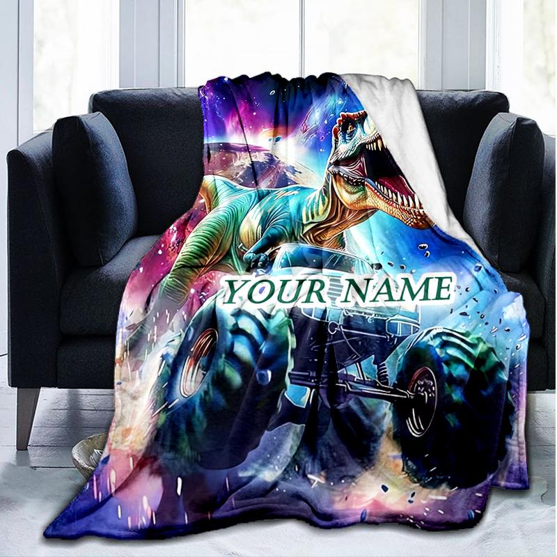 1PC Custom Name Dinosaur Monster Truck Adventure outdooor Flannel blankets Patterns Throw Blanket All-Season Soft Gift for Couch, Bed, Camping gifts