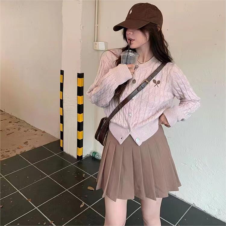 

Sweet Spring and Autumn Clothing Small Solid Color Long Sleeve Top Women s Slim Small Twist Crew Neck Knitted Cardigan 2044-73 (average size) розовый