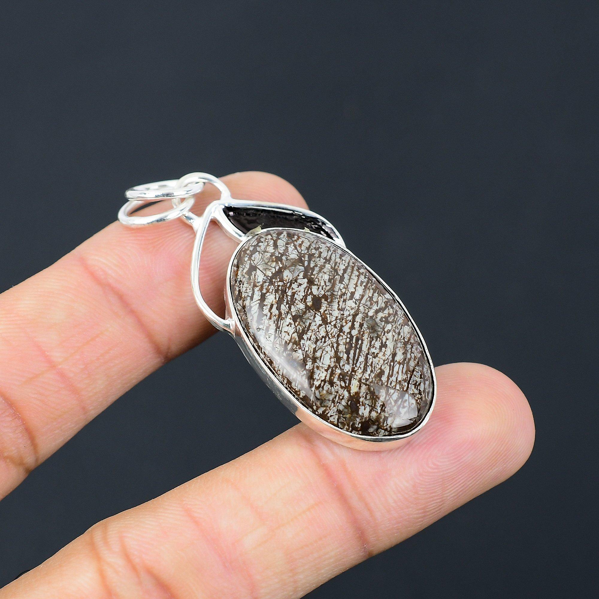 

925 Silver Oval Natural Gila Monster Agate Ethnic Art Deco Birthday Boho Pendant