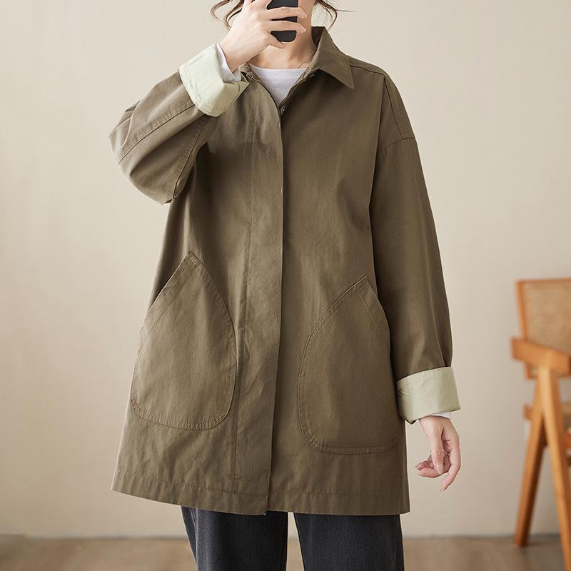Unisex Autumn Korean Style Lapel Polo Long Sleeve Jacket - Women s Mid-Length Trench Coat Large
