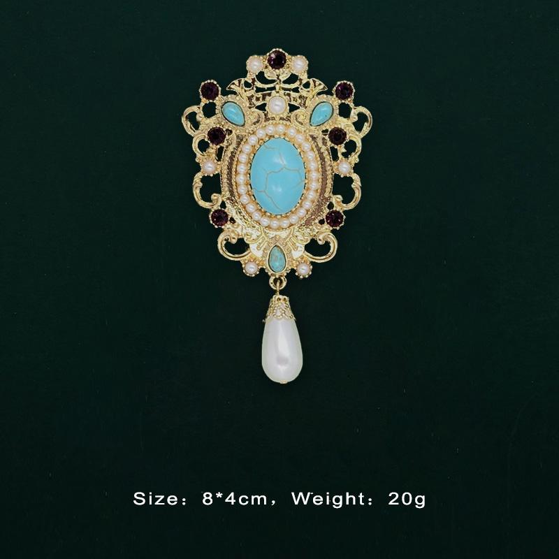 Baroque Vintage Gold Color Crystal Pearls Pin Brooches Gem Hollow Geometric Rectangle Brooch Collar for Women Jewelry