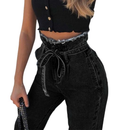 

Джинсы Скинни Пояс Хлопок Женские Брюки с Высокой Посадкой для Работы L чёрный