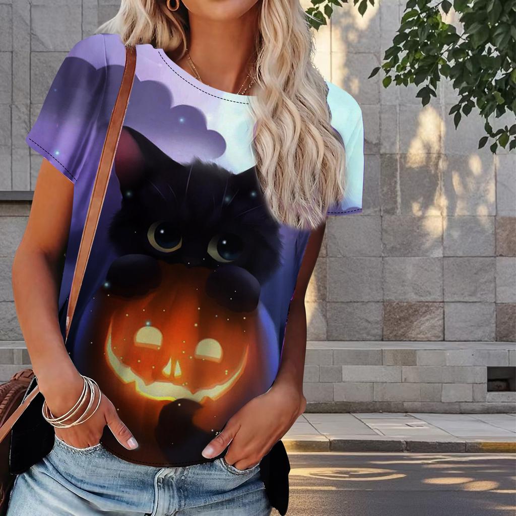 Damen T-Shirt mit Katzen-Print, Retro-Mode, kurzärmelig, lässig, bedruckt