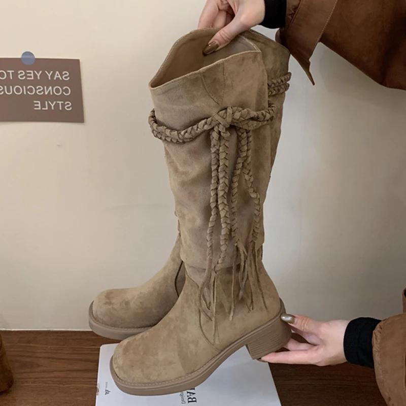 Fashion Eilyken 2025 New Winter Designer Tassel Woman Knee High Boots Fashion Round Toe Lace Up Square Heels Long Booties Shoes