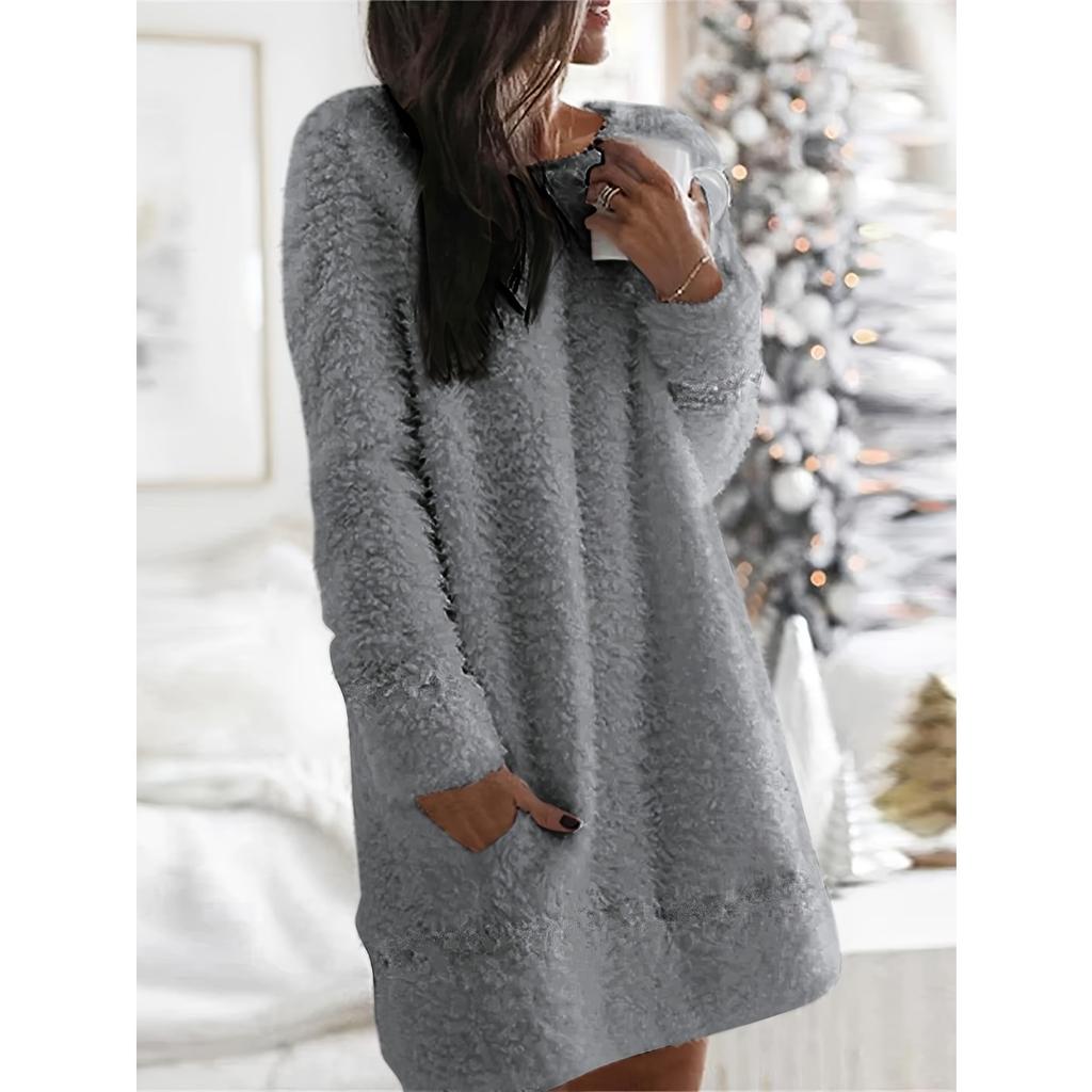 Women's Velvet Sleeping Dress - Comfortable Winter Home Robe with Pocket, Round Neck Solid Color Machine Washable Casual Wear, Soft Knitted Indoor