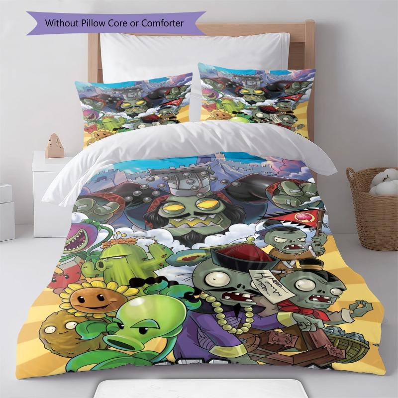 Plants Vs Zombies Chinesischer Stil Zombies und Pflanzen Cartoon Druck 3-teiliges Bettbezug-Set Spiel Anime Bettwäsche Schlafzimmer Dekoration Ohne Kissenkern Bettdecke