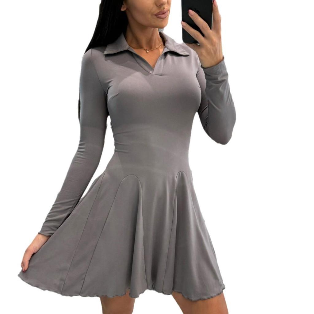 2024 Women's Autumn Long-Sleeve Waist-Hugging Lapel Dress – Solid Color