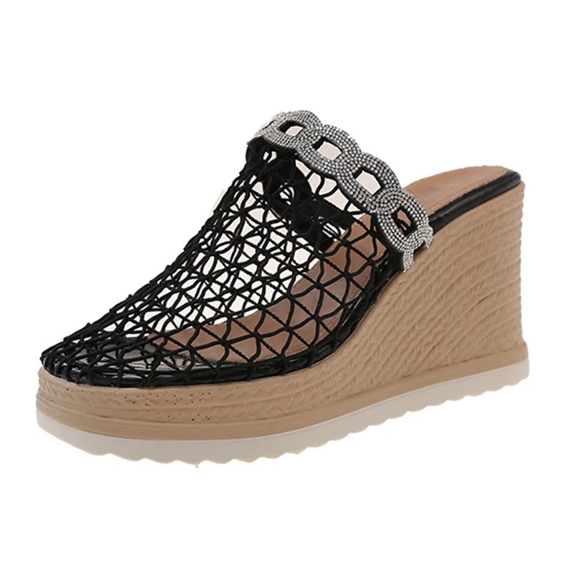 Fashion Women's Closed Toe Wedge Heel Sandals Fashion Hollow Mesh Thick Sole Slippers Woman Summer Shiny Crystal Chunky Platform Sandals
