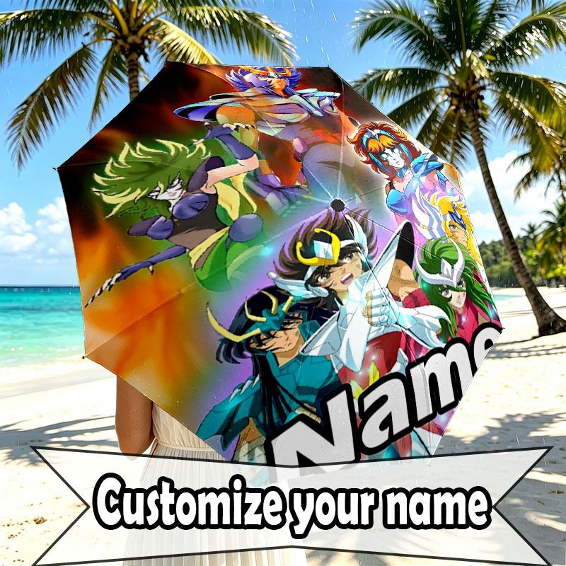Custom Name Personalized Saint Seiya Print Umbrella, Auto Open Close, 8‑Rib Sturdy Frame, Commute Camping Hiking Use, Birthday Gift