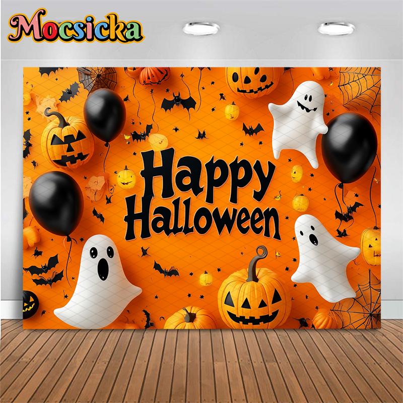 Mocsicka Happy Halloween Background Pumpkin Party Yellow Photo Backdrop Spider Web Bat Ghost Demon Balloons Decoration Photocall