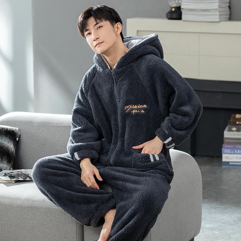 Herren Verdickter Korallenfleece Einteiler Schlafanzug - Winter/Herbst Flanell Hausanzug für Teenager & Erwachsene