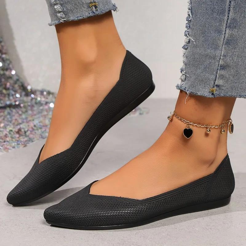 Fashion Spring New Flat Shoes Women's Fashion Pointed Head Shallow Mouth Knitted Breathable Soft Sole Non-slip Single Shoes