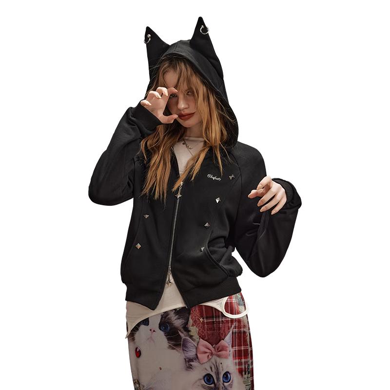 

UNIFREE 2025 Autumn Sweet Cool Style Rivet & Metal Ring Hooded Sweatshirt Jacket L