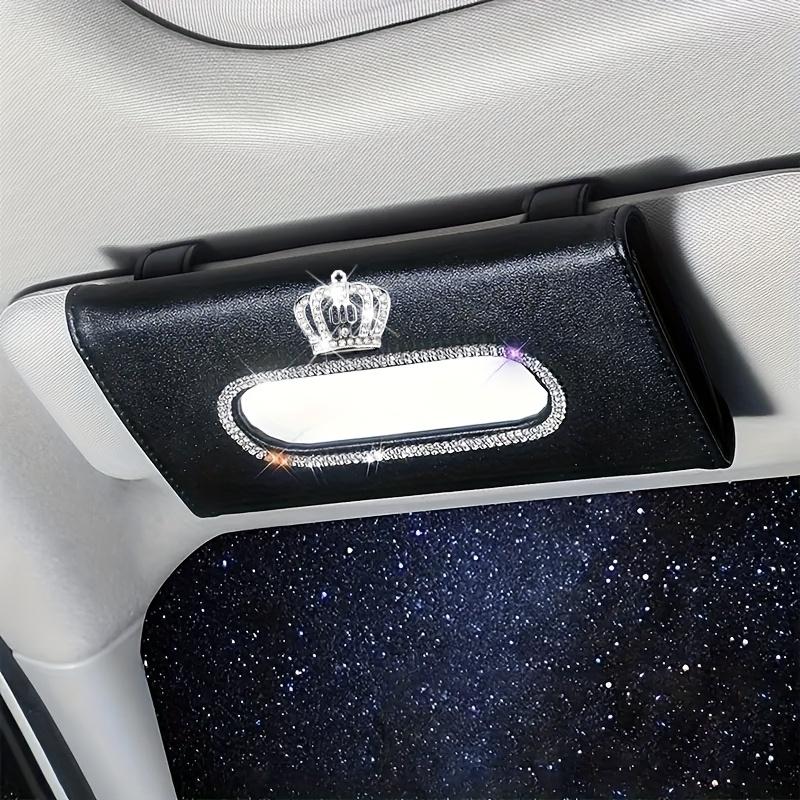 Bling Rhinestone Crown Sun Visor Tissue Box Cover, Hanging Car Tissue Holder Made of Faux Leather, Creative High-End Automotive Accessories.