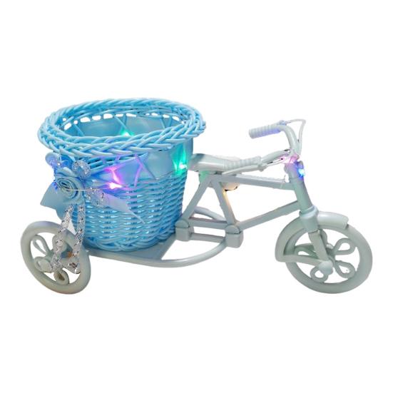 Rattan Trolley Flower Basket Decorative Tricycle with Colorful Flowers Woven Container Home Office Decor