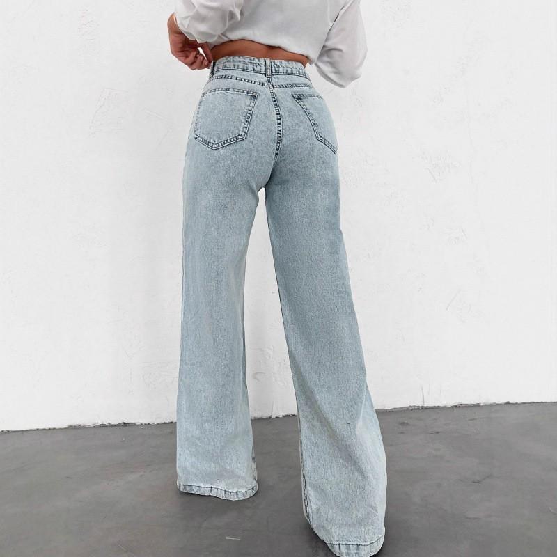 Womens High-Waisted Straight Leg Wide Fit Denim Pants Water Washed Cotton Blend Casual Office Wear