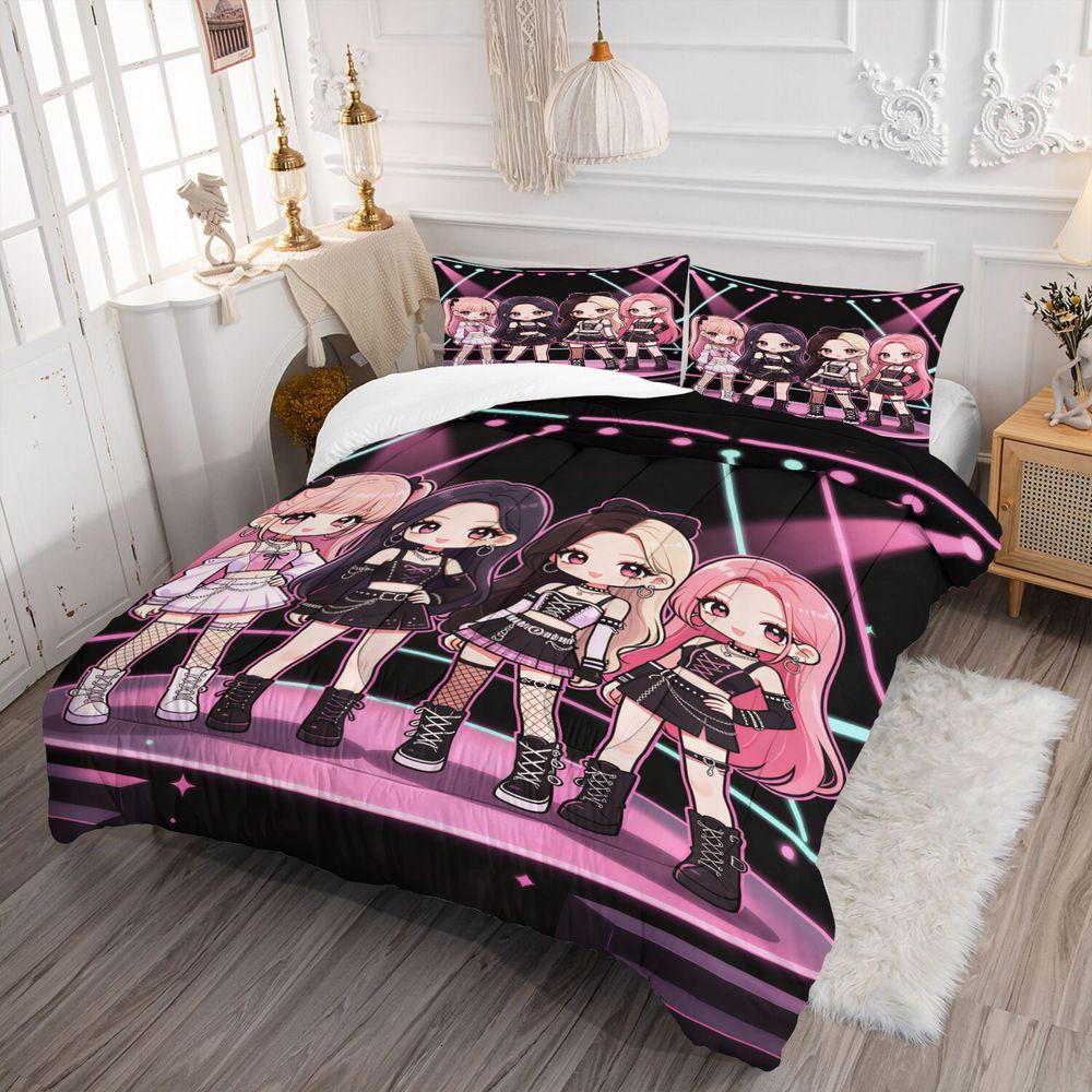 Neon Stage Cartoon Girls Print Comforter Set Quilt Bedding Set Pillowcase Pop Style Bedroom Bedding Decor