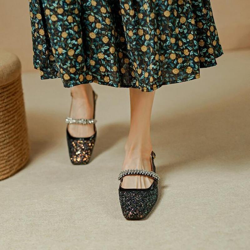 Fashion French Rhinestone Sequin Crystal Shoes Women Square Toe Mary Jane's Baotou Sandals Buckle Belt Thick Low Heels Slingback Sandal